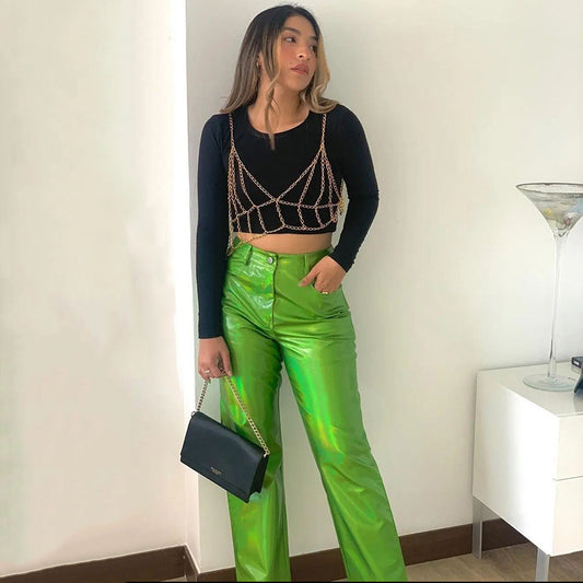 Metallic Coated Fabric Autumn Faux Leather Tight Stretch Trousers Women Show Hip Sexy High Street Straight Leg Pants Women