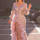 Fall Women Clothing Sexy Mesh Trailing Sequined Split Pink Evening Dress