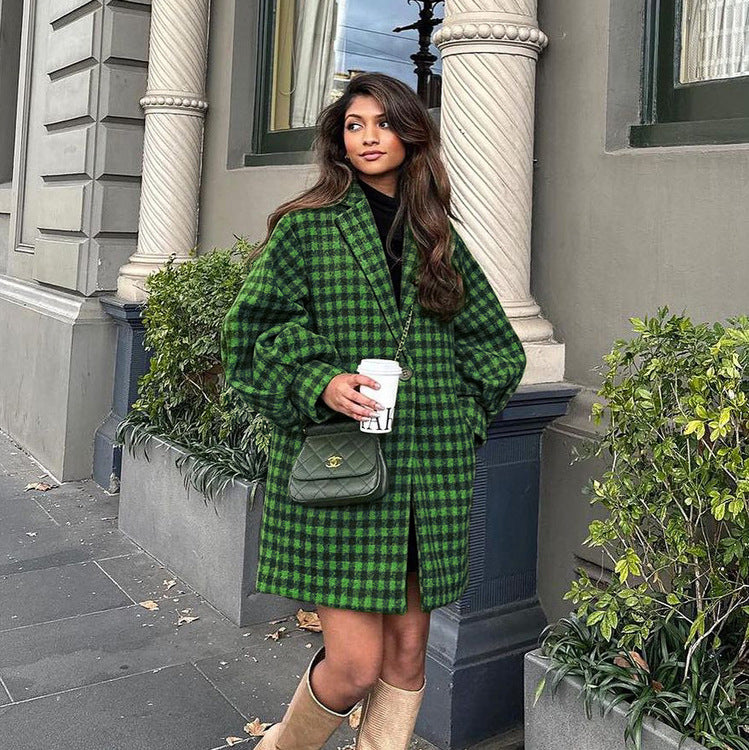 Women Clothing Retro Plaid Wool Short Coat Green Boyfriend Loose Autumn Winter Woolen Coat
