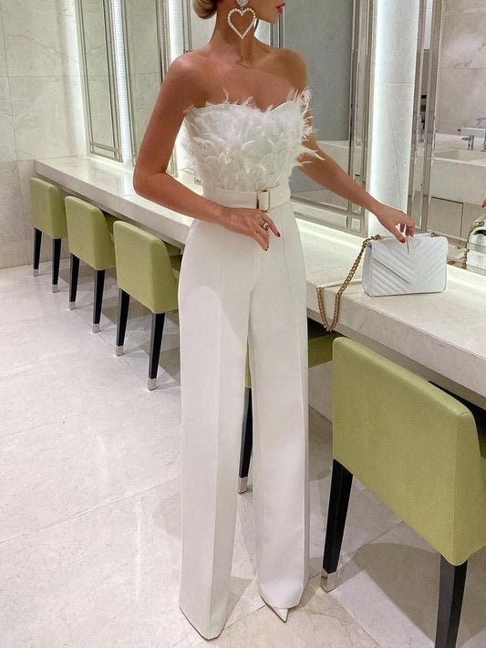 Spring Summer Feather Tube Top Sexy Jumpsuit