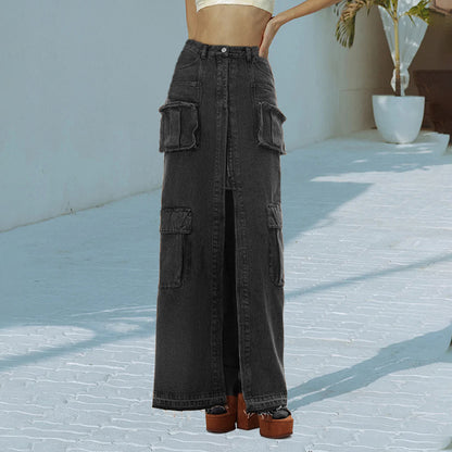 Hipsters High Street taille haute longue droite devant fente conception Denim couleur unie femmes jupe