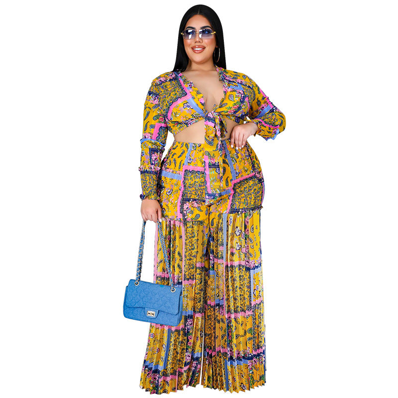 Plus Size Women Clothes  New Smocking Pleated Two-Piece Set