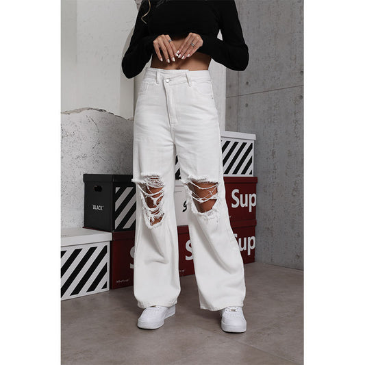White Denim Women Casual Jeans Loose Street Ripped Denim Trousers Women
