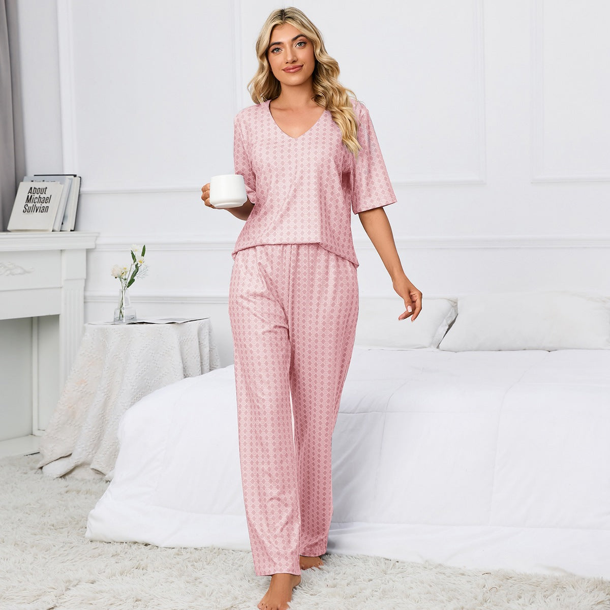 Short Sleeve Round Neck Printed Top Trousers Suit Pajamas Homewear
