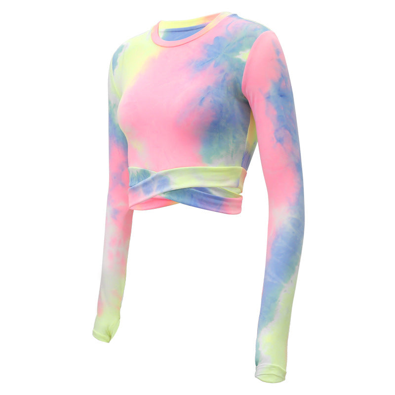 Yoga Clothes Round Neck Sports Top Long Sleeve Tie-Dyed cropped Running Workout T shirt