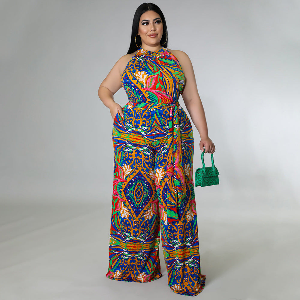 Plus Size Women Clothing Casual Halterneck Printed with Belt Jumpsuit