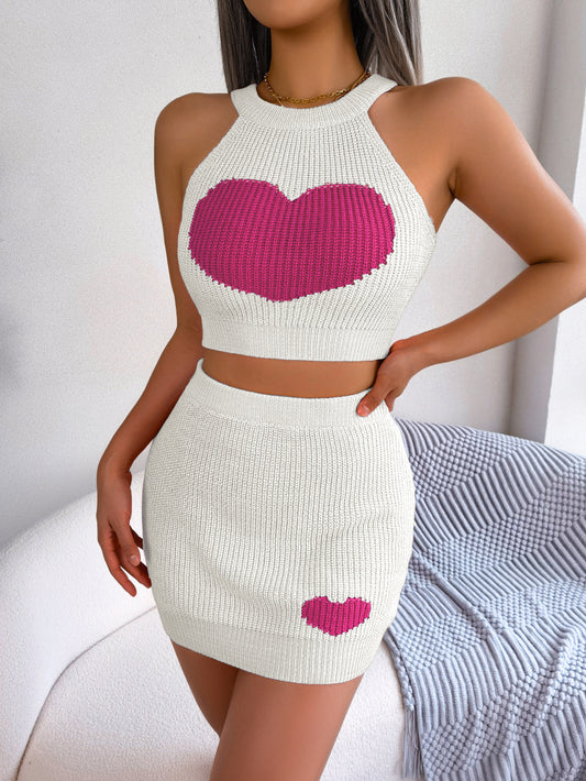 Spring Summer Casual Love Contrast Color Cropped Top Bag Hip Skirt Set Women Clothing