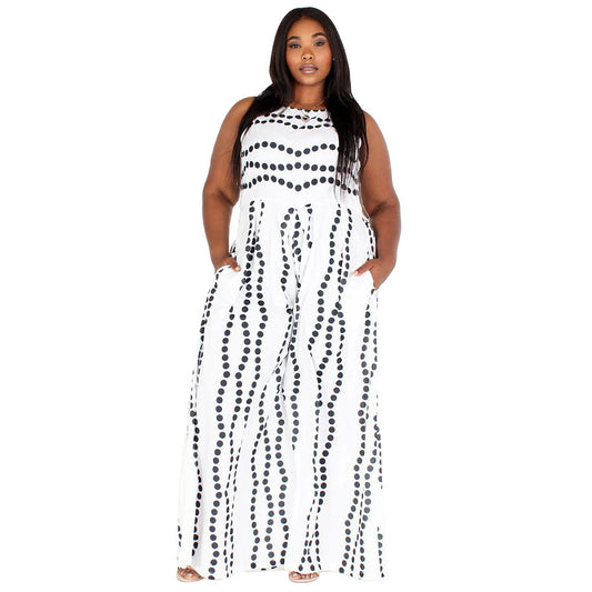 Plus Size Spring Summer Women Clothing  New Loose Polka Dot Printed Sleeveless  Jumpsuit Trousers