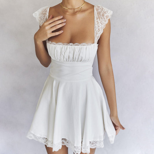 Women Wear Lace Square Collar Suspender Dress Slim Fit Backless White French Dress Women