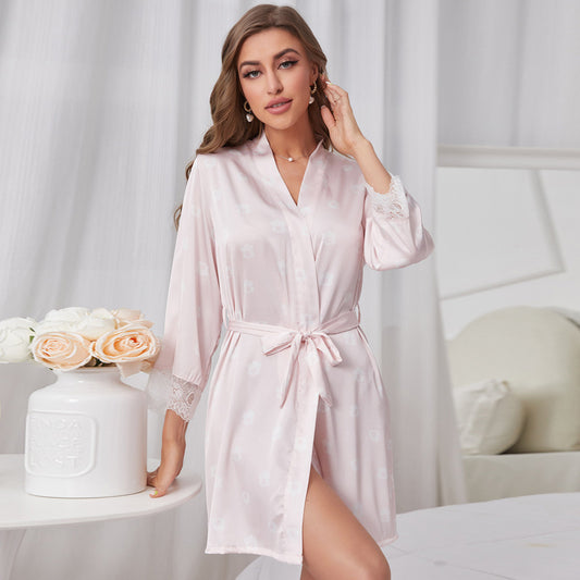 Ice Silk Robe Women's Summer Sexy Lace Long Sleeve Morning Gowns Mid Length Silk Bathrobe Homewear