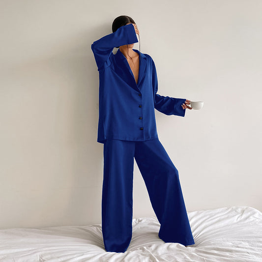 Printemps été bleu mince femmes maison soie couleur unie pyjamas glace soie lâche peut être porté à l'extérieur