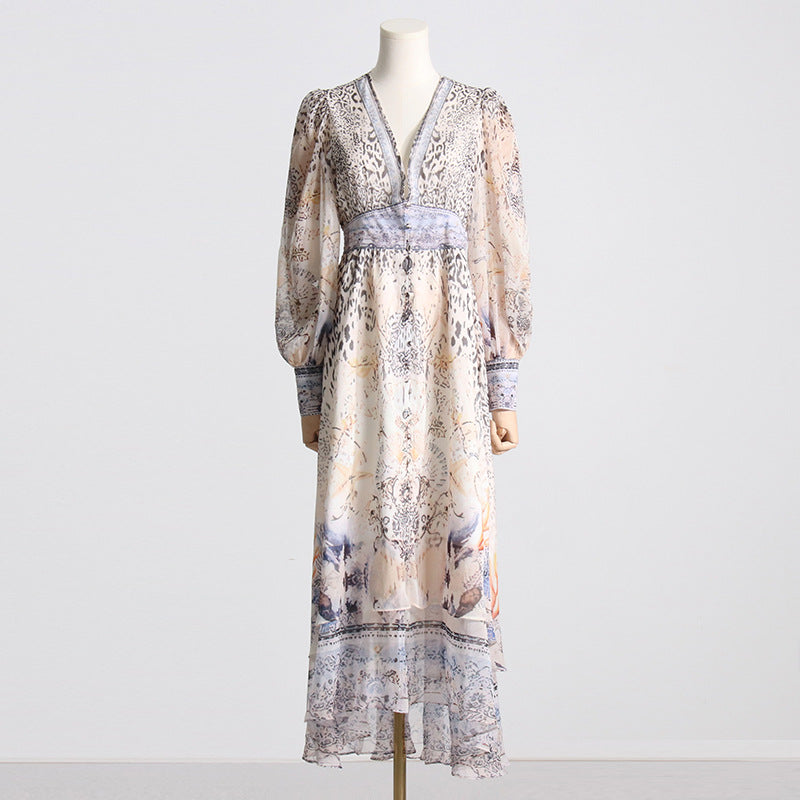 Women Clothing Long Sleeve Large V neck Dress Printed Leopard Print Waist Slimming Irregular Asymmetric Long Dress