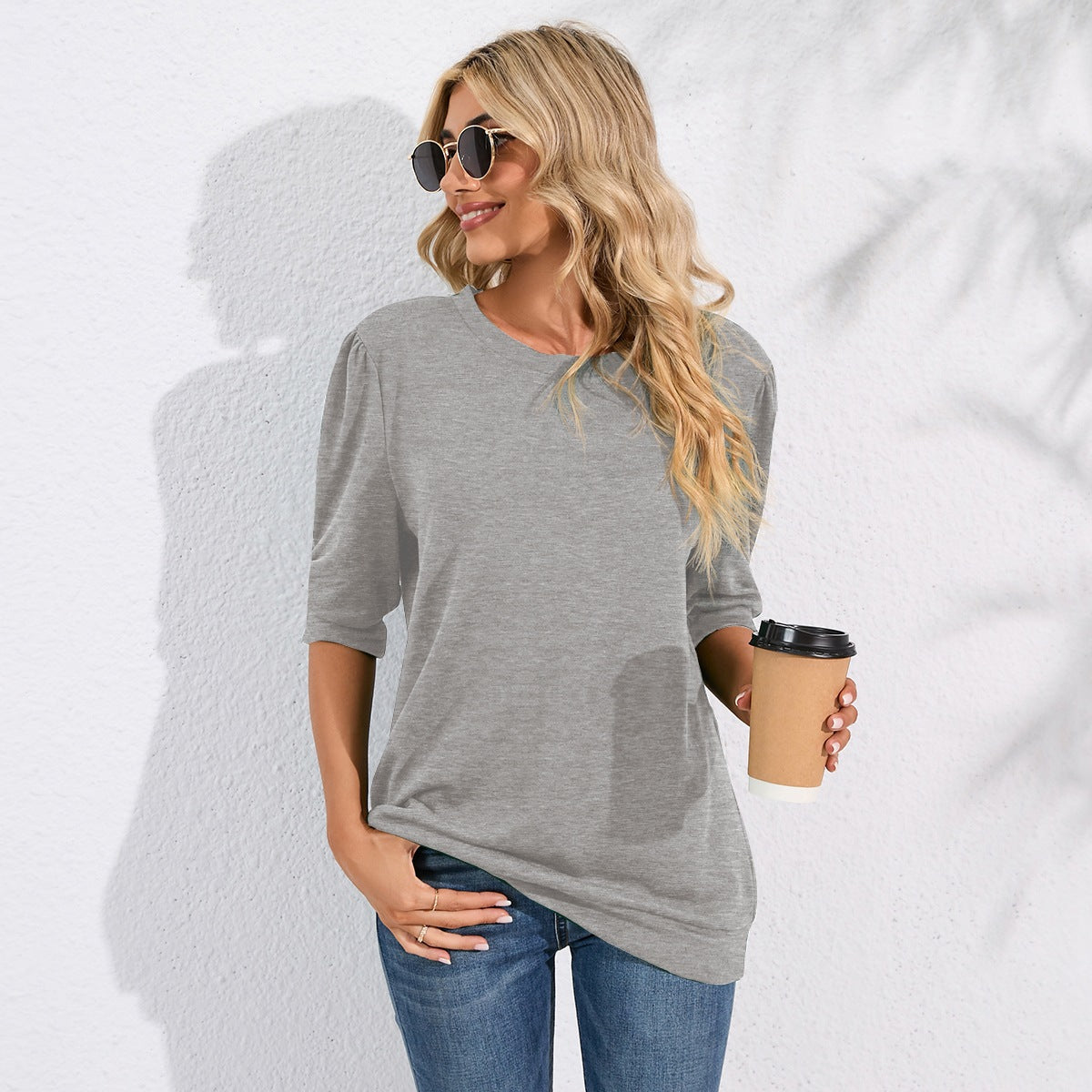 Solid Color Half Sleeves Knitwear Round Neck Puff Sleeve All Matching Hoodie