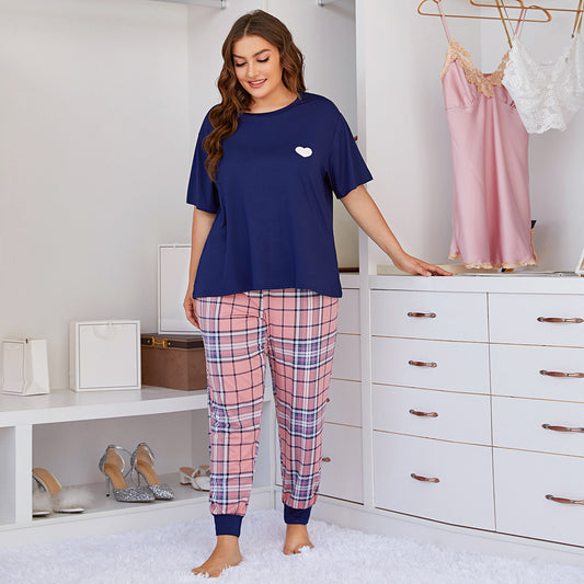 Plus Size Ladies Homewear Heart Printing  Short-Sleeved Trousers Two-Piece Set Pajamas