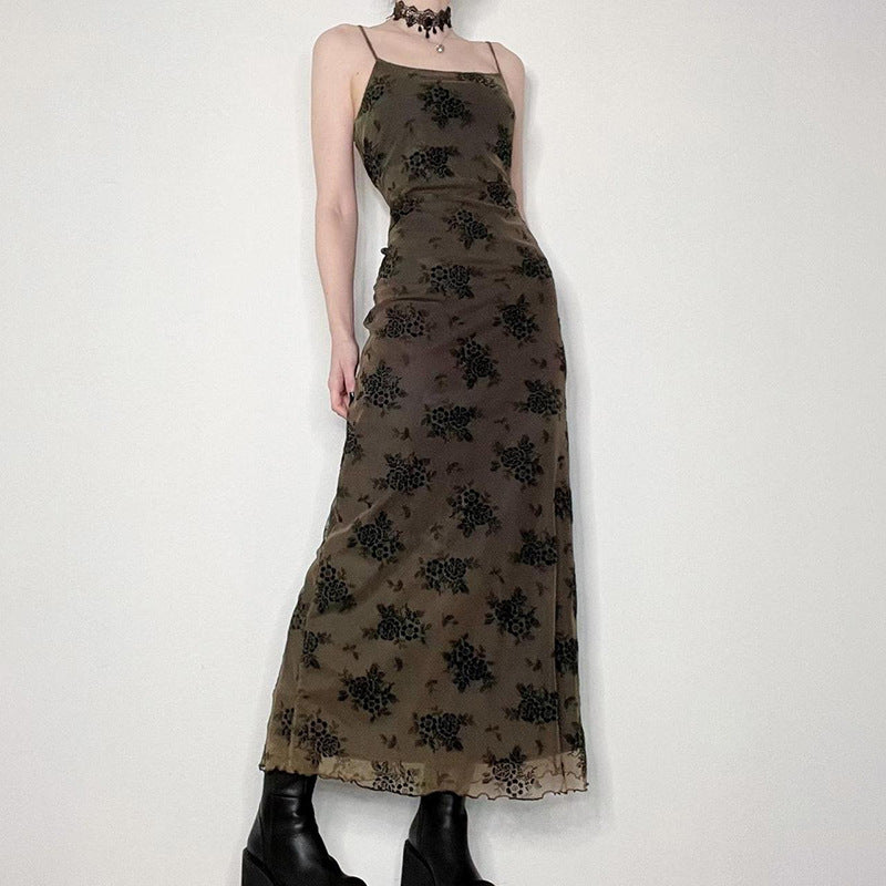 French Retro Elegant Adult Lady Woman Floral Print Maxi Dress Mesh Wooden Ear Off Neck Slim Strap Long One Step Dress