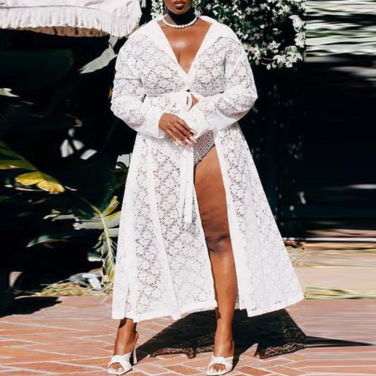 Plus Size Sexy Casual Lace Screen V-neck Lace-up  Long Coat Women  Clothing