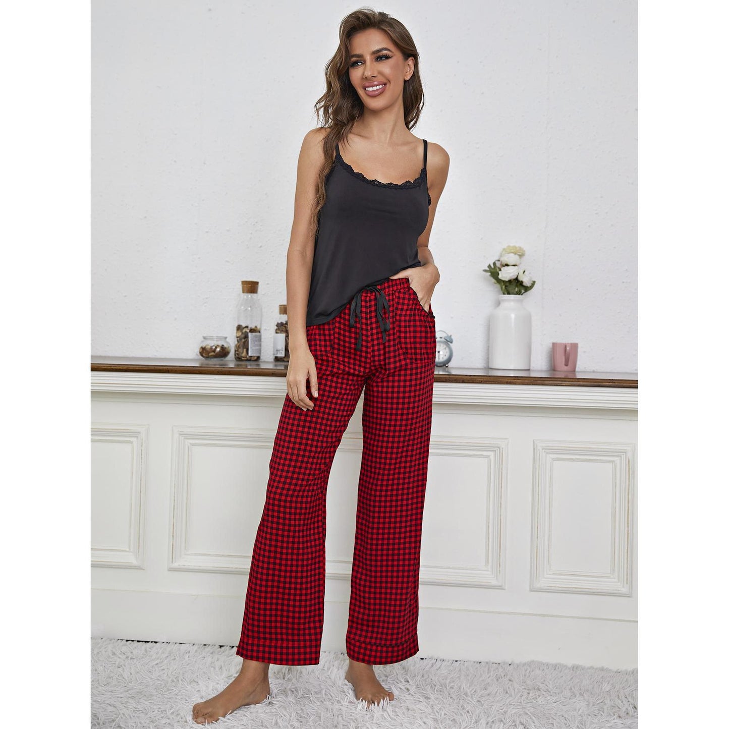 Home Wear Sling Pyjamas Femmes Printemps Été Lace Up Thin Straight Pants Homewear Costumes