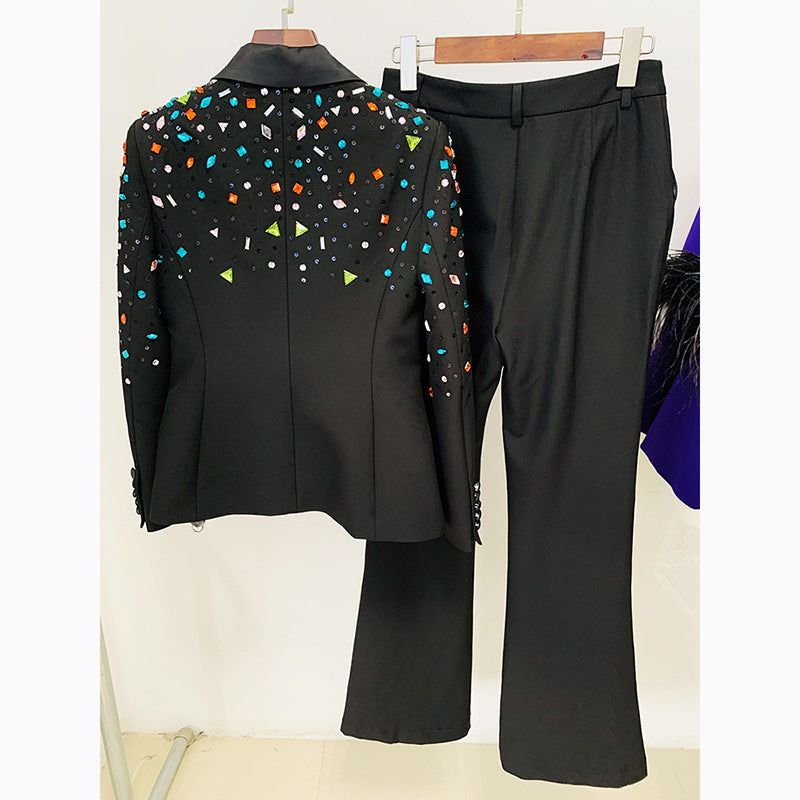 Goods Heavy Industry Beads Colorful Crystals Slim Fit Blazer Bootcut Pants Blazer  Suit Set Two Pieces
