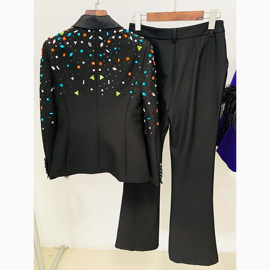 Goods Heavy Industry Beads Colorful Crystals Slim Fit Blazer Bootcut Pants Blazer  Suit Set Two Pieces