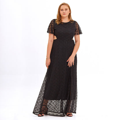 Plus Size Spring Summer  Sexy Hollow Out Cutout Girls Slim Lace Short Sleeve Dress Long Skirt
