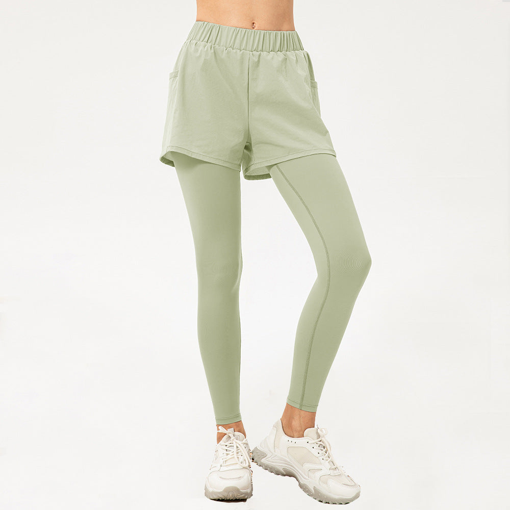 Pantaloni da yoga in due pezzi finti da donna Pantaloni da fitness a vita alta con sollevamento dell'anca Pantaloni da allenamento da corsa traspiranti larghi