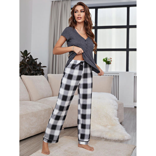 Pyjama Femme Printemps Manches Courtes Pantalon Home Wear Costume Pyjama