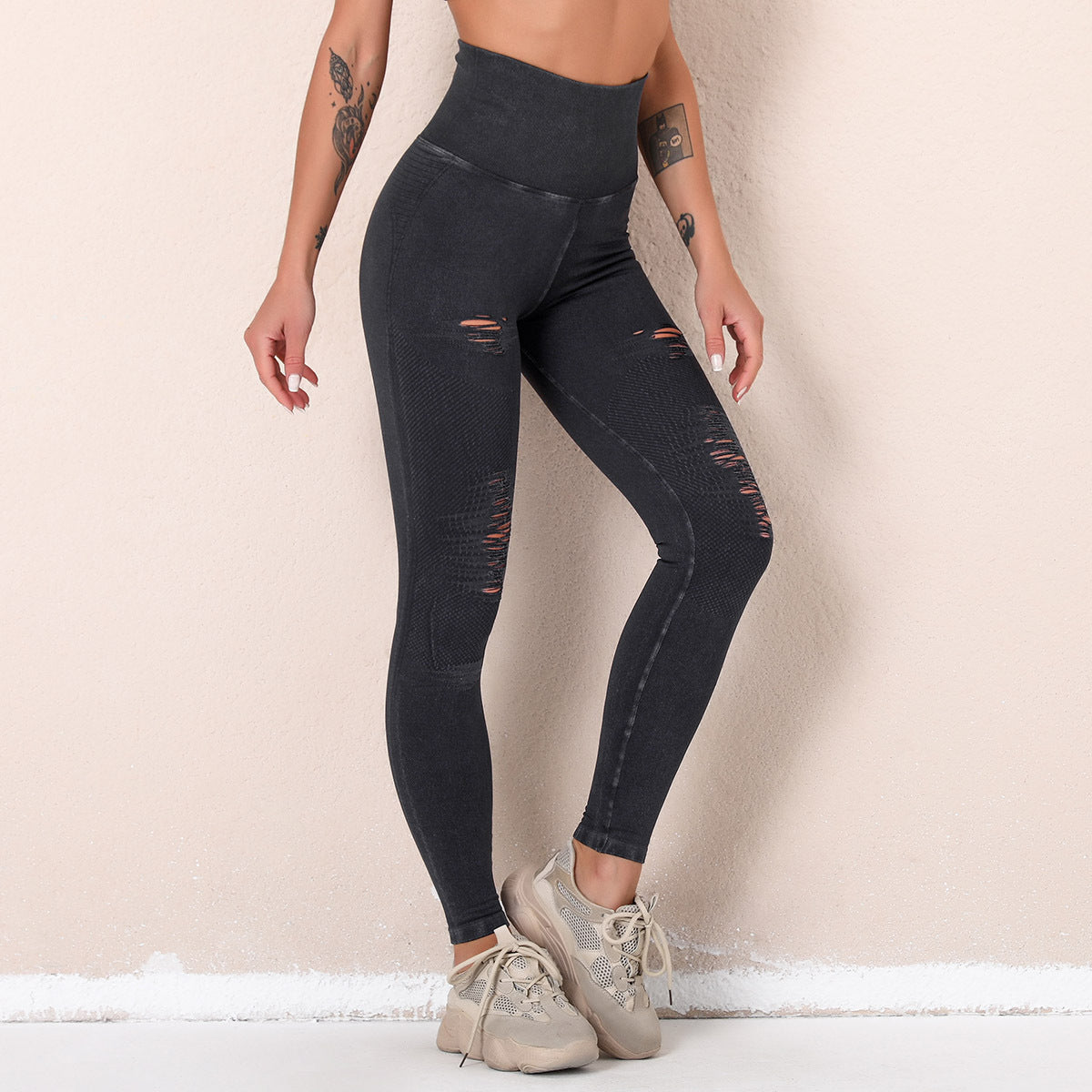 Washed Yoga Pants Ripped Hollow-out Seamless High Waist Sports Ninth Pants Hip Raise Fitness Pants Women