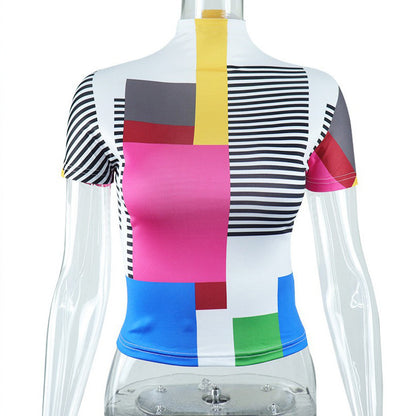T-shirt slim con stampa geometrica astratta a maniche corte da donna a mezza manica da strada