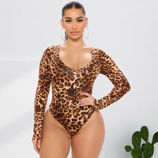 Plus Size Women Clothes Leopard Print Sexy Long Sleeve Jumpsuit