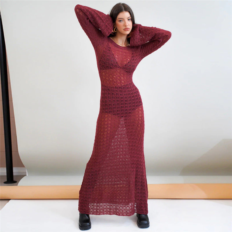 Sexy Backless Knitted Dress Hollow Out Cutout out See through Fishnet Long Sleeve Summer Sun Protection by the Sea Dress Women