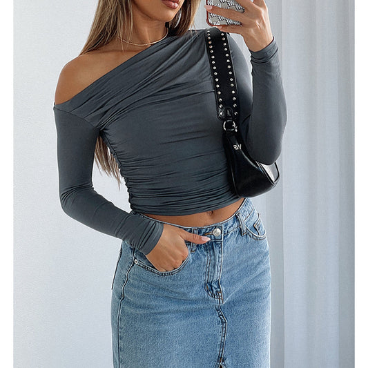 Women Clothing Solid Color Pleated Off Shoulder Pleated Diagonal Collar Off Shoulder Top