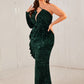 Plus Size One Shoulder Long Sleeve V neck Maxi Dress Women Sequin Dress Fishtail Dress