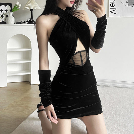 Fall Women Clothing Solid Color Slim Fit High Waist Halter Sexy Backless Dress