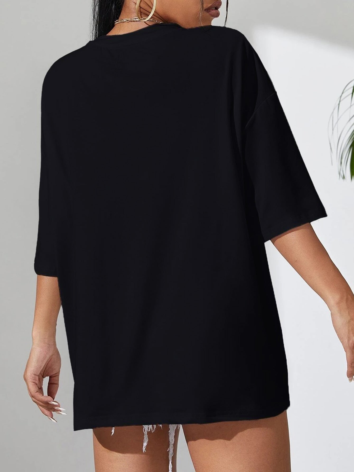 T-shirt nera casual semplice girocollo manica corta donna stampa farfalla allentata