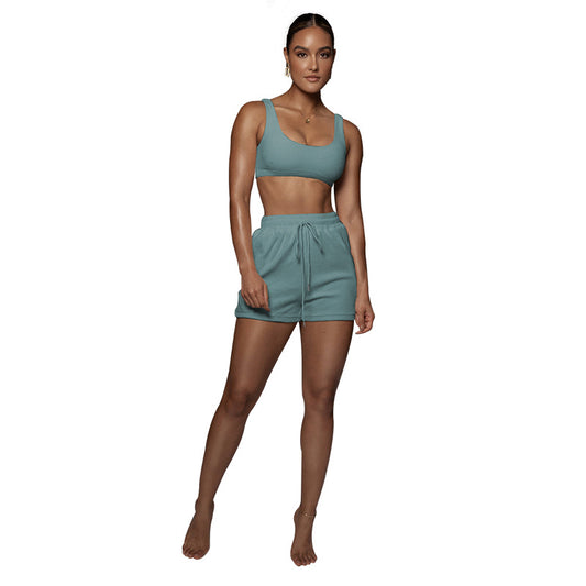 Women Summer Solid Color Cropped Tank Top Shorts Drawstring Two-Piece Sports Casual Set