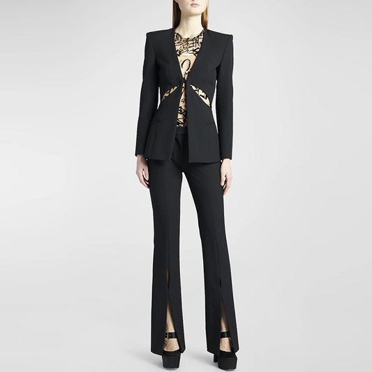 Dignified Hollow Out Cutout Collarless Blazer Slim Fit Slit Trousers Set