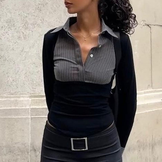 Women Clothing Autumn Polo Collar Stripes Contrast Color Slim Fit All Matching Long Sleeve Top Women