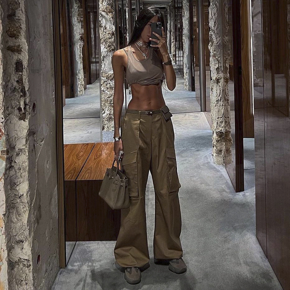 Low Waist Retro High Street Multi Pocket Cargo Pants Women  Summer Sexy  Stitching Casual Straight Leg Wide Leg Pants