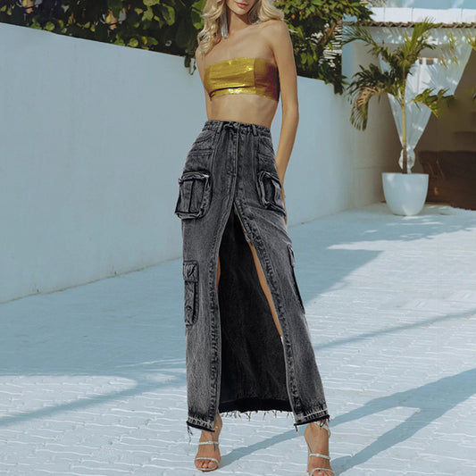 Hipsters High Street High Waist Long Straight Front Slit Design Denim Solid Color Women Skirt