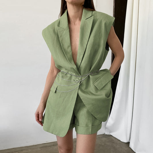 Suit Women  Summer Cotton Linen Suit Sleeveless Vest Shorts Two Piece Women  Clothing