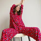 Spring Cotton Silk Leopard Print V neck Long Sleeve Trousers Red for Women Skin Friendly Pajamas Home Wear for Women