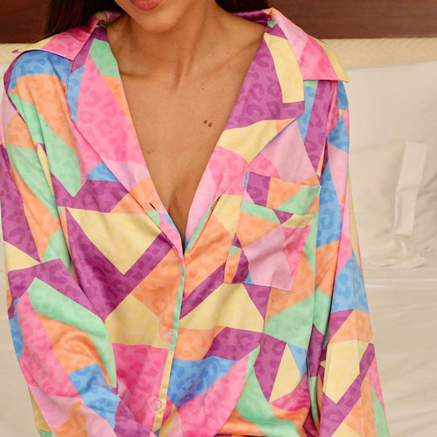 Summer Women  Artificial Silk Color Plaid Printed Set Collar Pajamas Women  Homewear