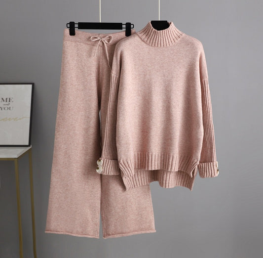 Autumn Winter Knitting Suit Women Trendy Semi-High Collar Sweater Thickened Outer Wear Loose two piece set