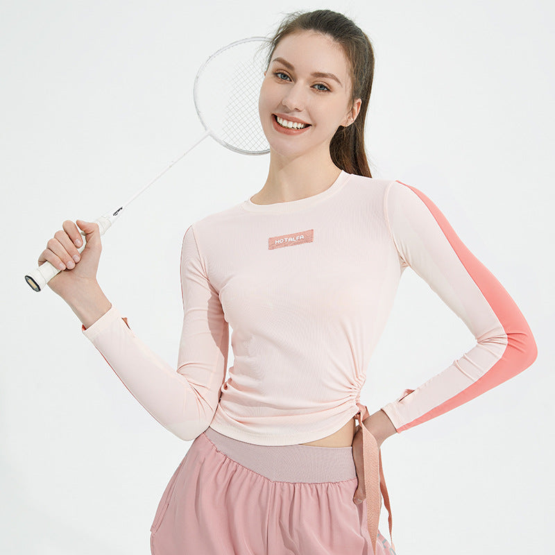 Quick Drying Ice Silk Yoga Clothes Moisture Wicking Running Sports Pullover Personality Drawstring Long Sleeve Sportswear