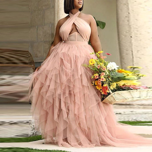 Plus Size Wedding  Women Dress Evening Dress Pink Halter Dress Large Swing Tulle Skirt