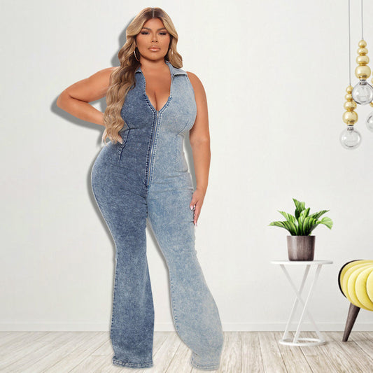 Plus Size Women Clothing New Color Matching Wash Sexy Denim Jumpsuit