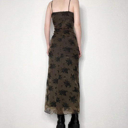 French Retro Elegant Adult Lady Woman Floral Print Maxi Dress Mesh Wooden Ear Off Neck Slim Strap Long One Step Dress