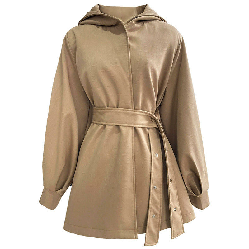 Elegant  Hemline Type Waist-Controlled Lace-up Trench Coat Women Spring Profile Hooded Top