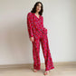Spring Cotton Silk Leopard Print V neck Long Sleeve Trousers Red for Women Skin Friendly Pajamas Home Wear for Women