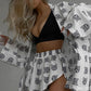 Loose Women Printed Wear Casual Lace up Long Sleeved Pajamas High Waist Shorts Suit Home Wear